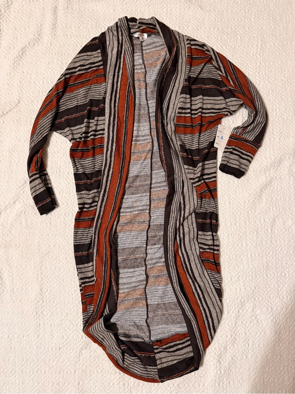 Striped Open-Front Long vintage Cardigan Sweater - Rust & Gray